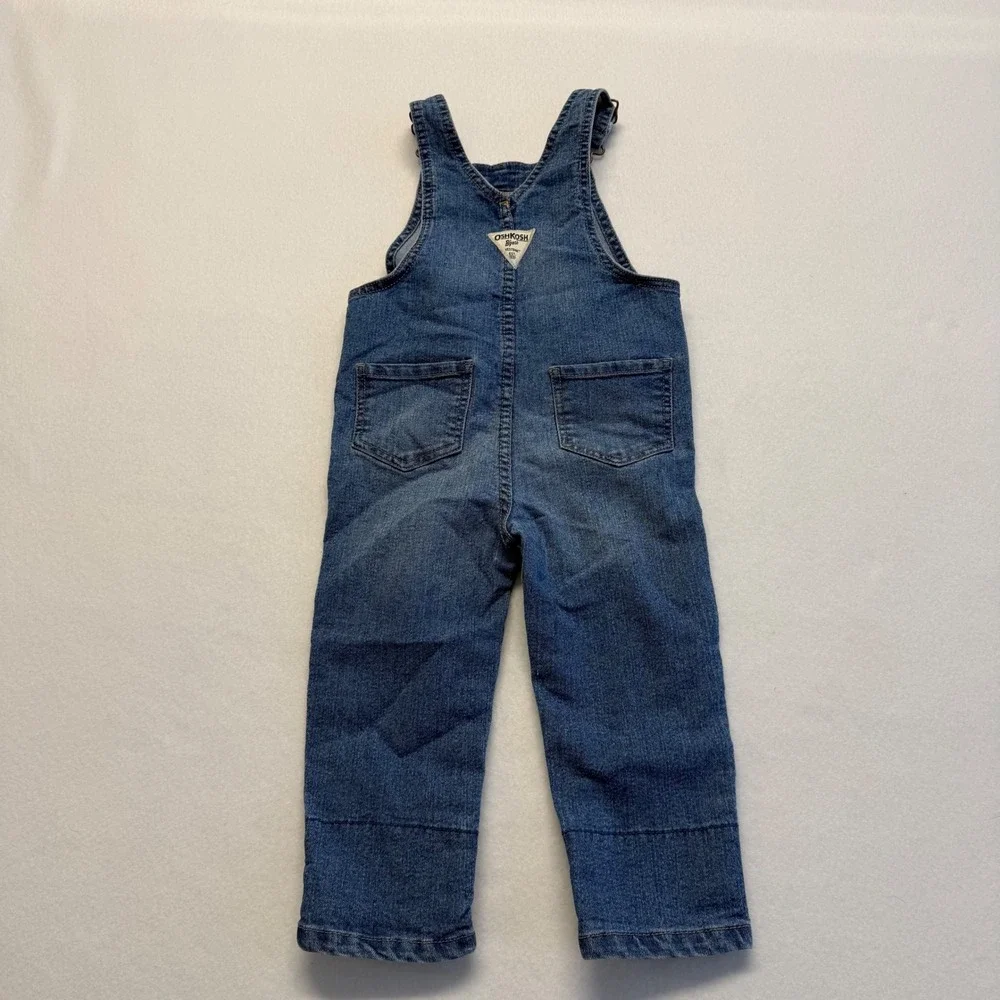 OshKosh B'gosh Girls Blue Denim Floral Lined Ruffle Trim Bib Overalls Size 2T
